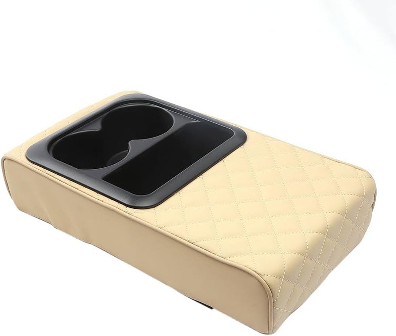 Supin Car Armrest Cushion - Multifunctional Faux Leather Armrest Cushion with Cup Holder, Phone Storage, and Ergonomic Design for All Seasons (Beige) - Image 3